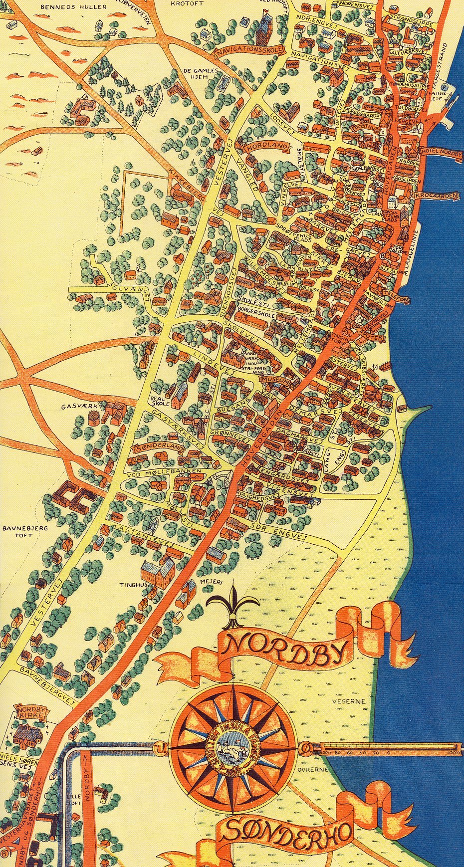 Nordby på Fanø. Udsnit af Turistkort med Beskrivelse af Fanø. Udarbejdet af Romax Kartografi 1948