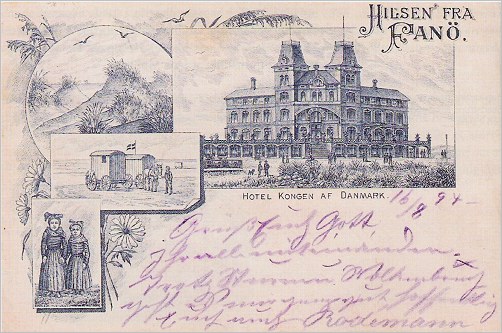 Postkort fra Fanø med gengivelse af det nyopførte Hotel Kongen af Danmark afsendt 16. august 1894