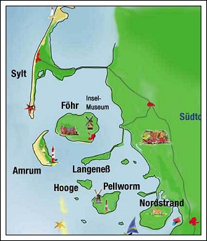 Kort over vadehavsøerne Sylt, Föhr, Amrum, Pellworm og Nordstrand