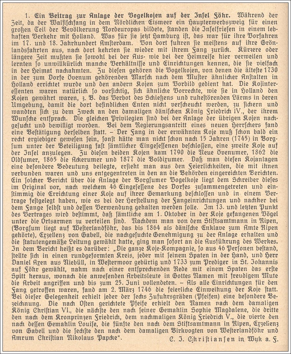 Ein Beitrag zur Anlage der Vogelkojen auf der Insel Fhr. Von C.J. Christiansen