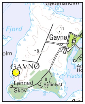Moderne kort over Gavnø med andekøjen markeret