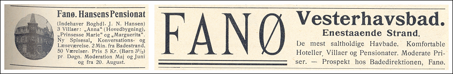 Annoncer fra Hansens Pensionat og Fanø Vesterhavsbad indrykket i Illustreret Tidende 24. maj 1914