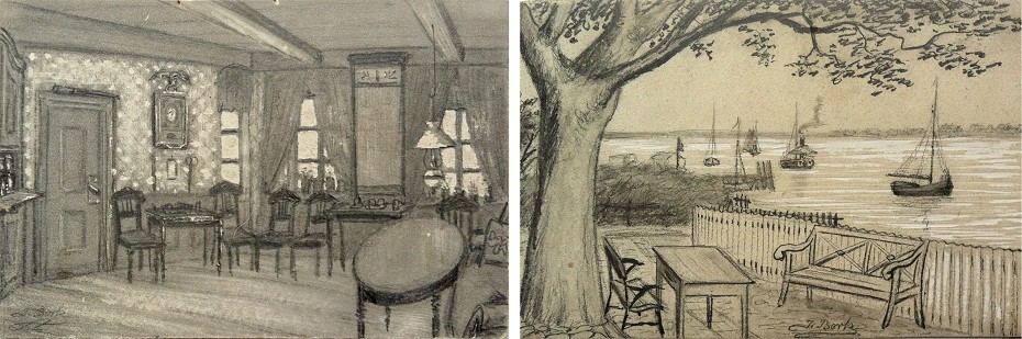 Johanne Borks tegninger fra en stue i Fanø Krogård og udsigt fra terrassen