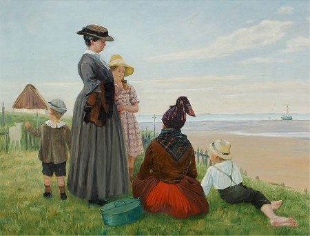 Johan Rohde: Kunstnerens hustru Asa og deres børn møder en fanøkone. Ca. 1920