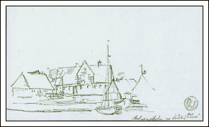 Færgeleje og færgekro i Nordby august 1852. Tegning af David Jacobsen