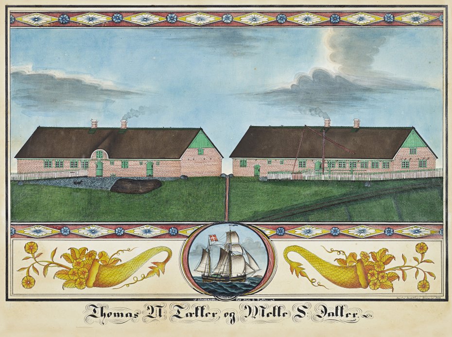 Akvarel udført af Jes N. Ollesen. Thomas Tækkers hus beliggende Vester Land 32 i Sønderho