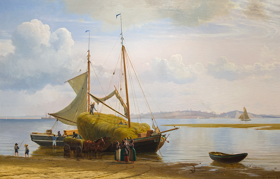 Christian Blache: Fartøjer losser hø på stranden på Fanø. 1876