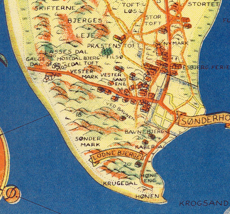 Sydspidsen af Fanø med Hønen. Udsnit af Turistkort med Beskrivelse af Fanø. Udarbejdet af Romax Kartografi 1948