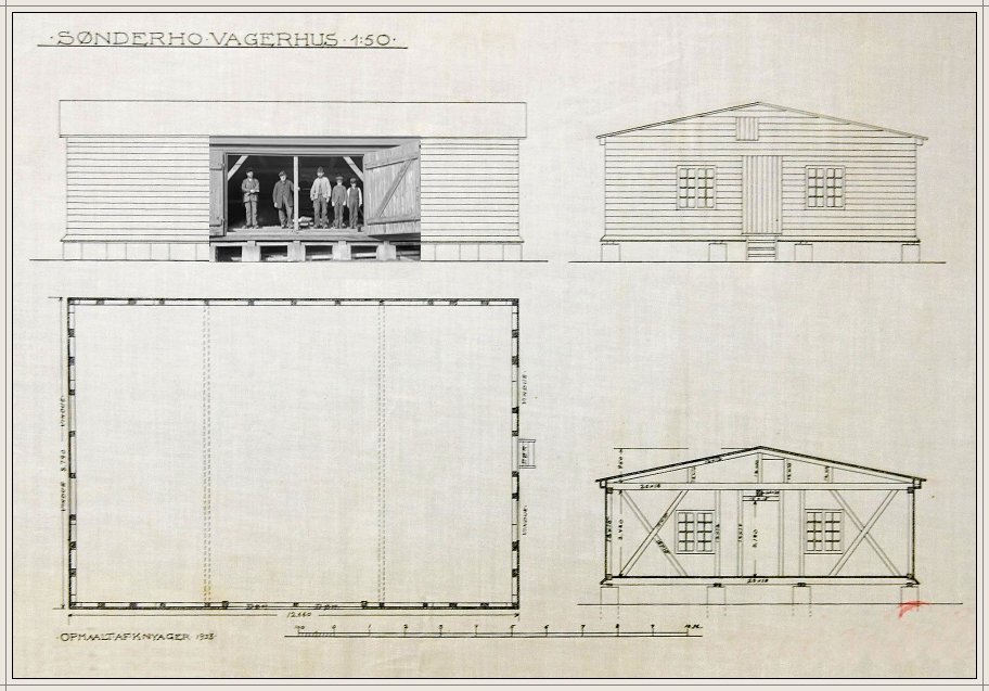 Tegning og grundplan af det kgl. vagerhus på Sønderho Havn 1933