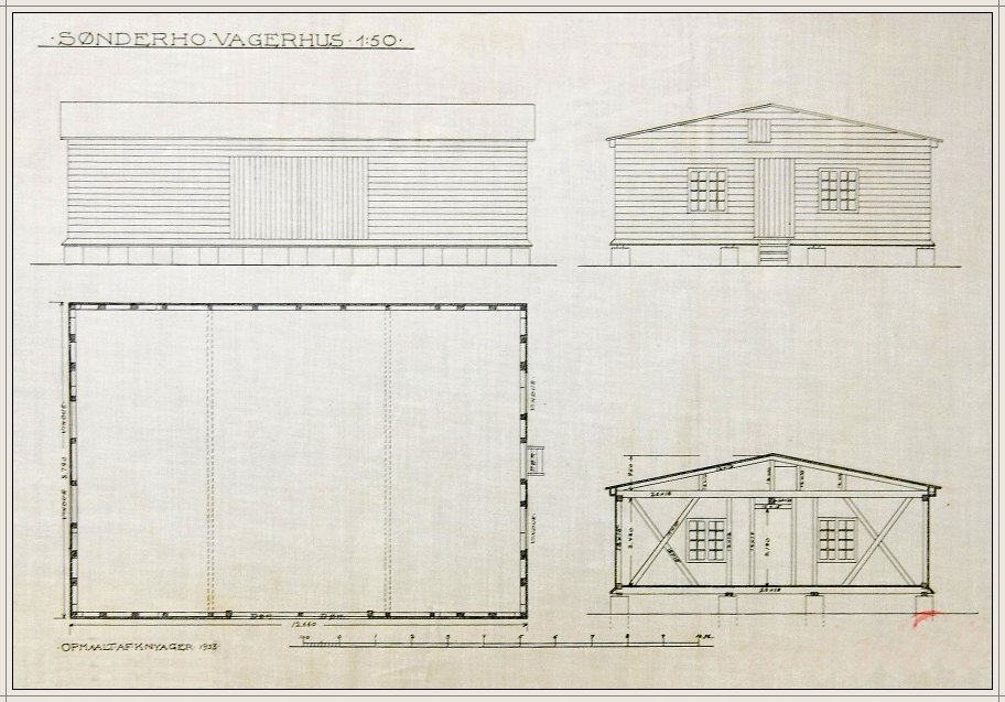 Tegning og grundplan af det kgl. vagerhus på Sønderho Havn 1933