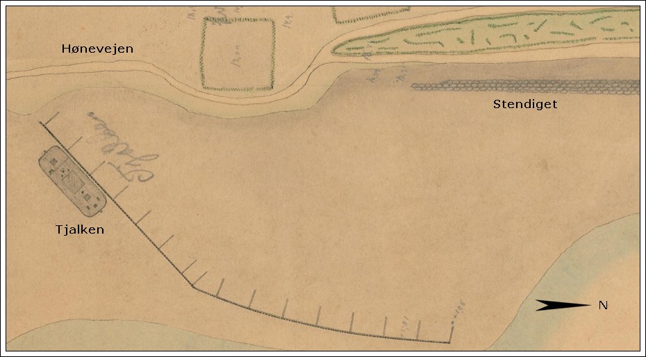Dige og havnefront på Emil Petersens kort over Sønderho Havn 1868